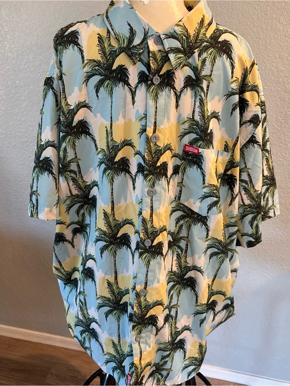 Dixxon Men’s Palm Print Short Sleeve Shirt - Light Blue/Yellow